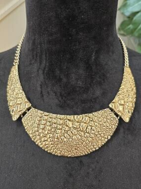 Gold Tone Textured Bib Collar Statement Necklace